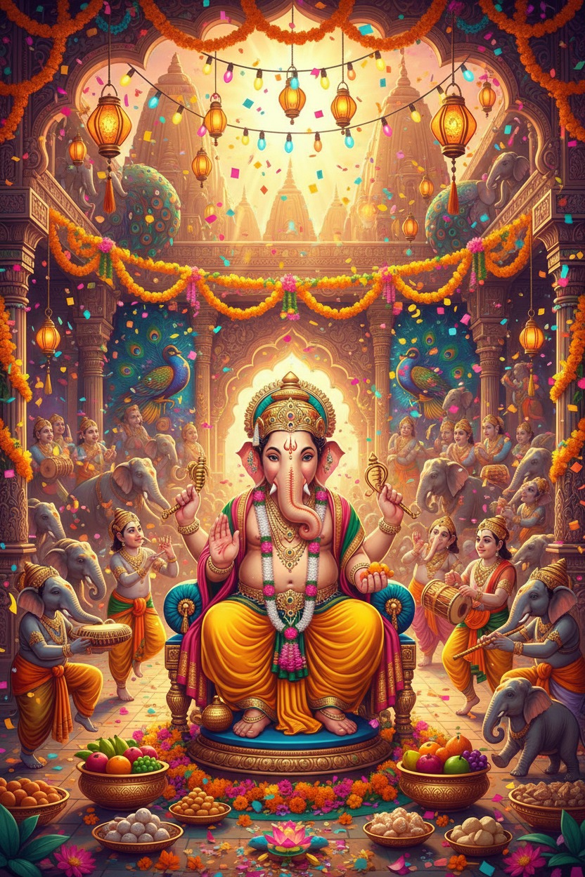 Die Gottheit Ganesha sitzt festlich geschmückt auf einem Thron, umgeben von musizierenden Figuren, Elefanten und reichhaltigen Opfergaben in einem prachtvoll dekorierten Tempel.