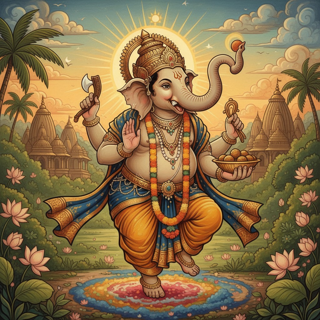 Eine künstlerische Darstellung des Hindu-Gottes Ganesha, der vor einer Tempelanlage mit Palmen und blühenden Lotusblumen tanzt.