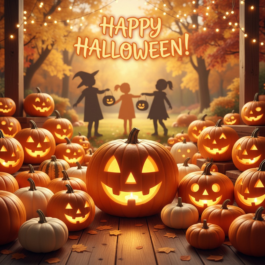 Zahlreiche beleuchtete Kürbisse säumen die hölzerne Veranda, während im Hintergrund die Silhouetten von drei Kindern im Herbstlicht zu sehen sind und der Text „Happy Halloween!“ über der Szene prangt.